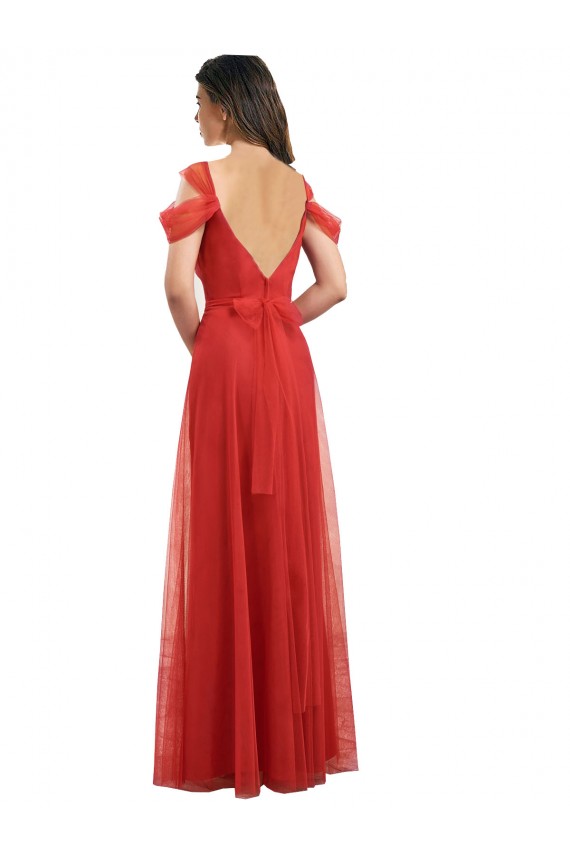 Online Rojo línea A Cuello de Corazón Tul Largo Vestidos de dama de honor