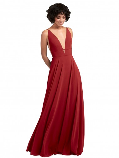 Online Rojo línea A Cuello en V Gasa Largo Vestidos de dama de honor