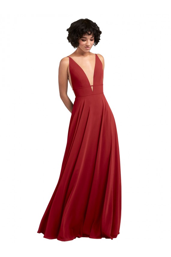 Online Rojo línea A Cuello en V Gasa Largo Vestidos de dama de honor