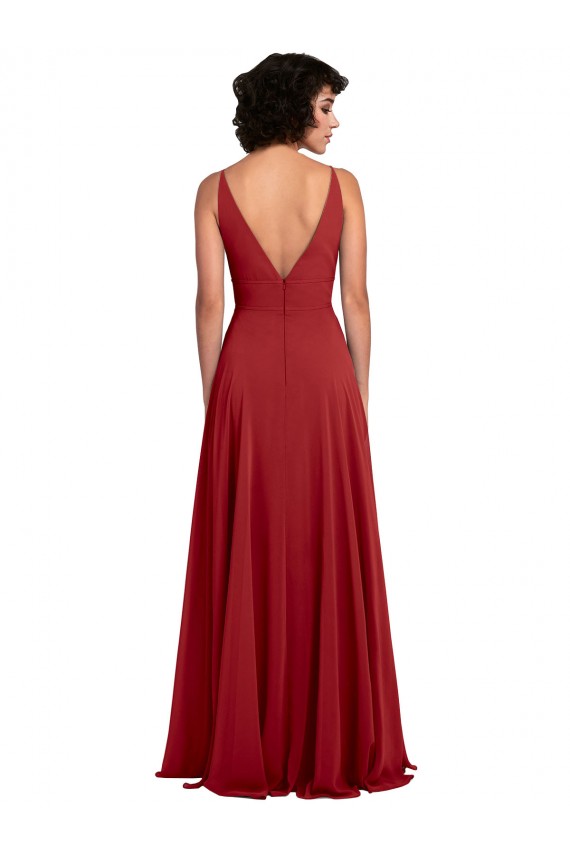 Online Rojo línea A Cuello en V Gasa Largo Vestidos de dama de honor