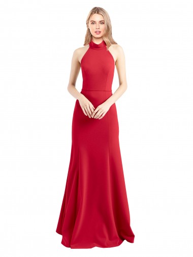 Online Rojo línea A Halter Cuello Alto Crepé Elástico Largo Formales Vestidos de dama de honor / Vestidos de fiesta