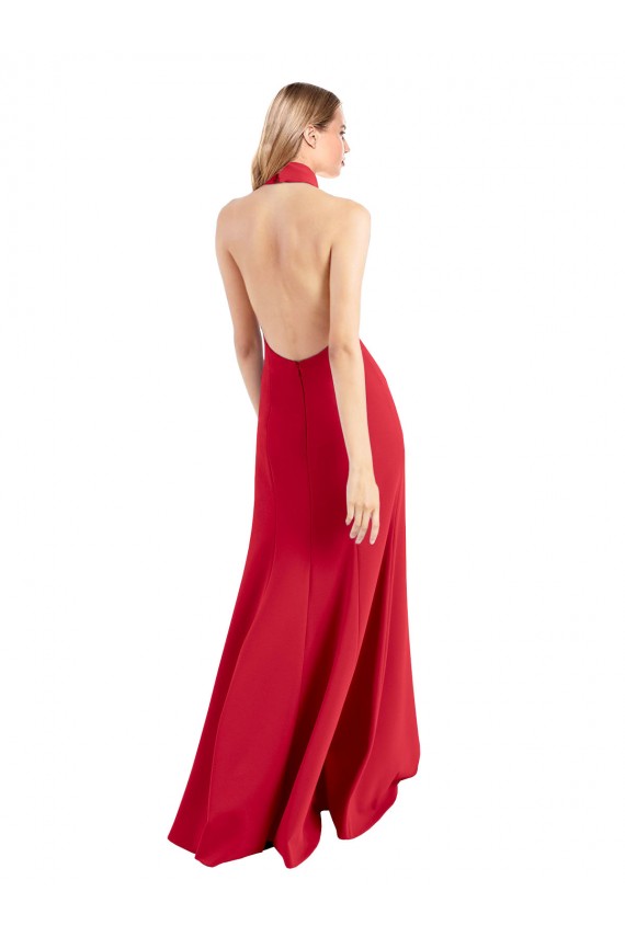 Online Rojo línea A Halter Cuello Alto Crepé Elástico Largo Formales Vestidos de dama de honor / Vestidos de fiesta