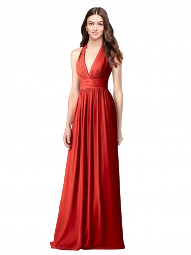 Online Rojo línea A Halter Cuello en V Gasa Largo Vestidos de dama de honor