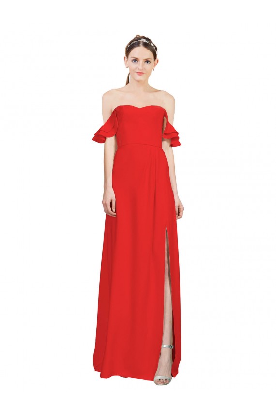Online Rojo línea A Hombros Descubiertos Crepé Elástico Largo Formales Vestidos de dama de honor / Vestidos de fiesta