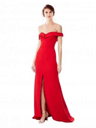 Online Rojo línea A Hombros Descubiertos Crepé Elástico Largo Formales Vestidos de dama de honor / Vestidos de fiesta
