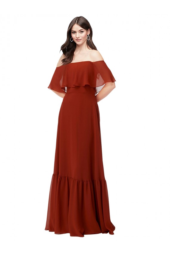 Online Rojo línea A Hombros Descubiertos Gasa Largo Vestidos de dama de honor