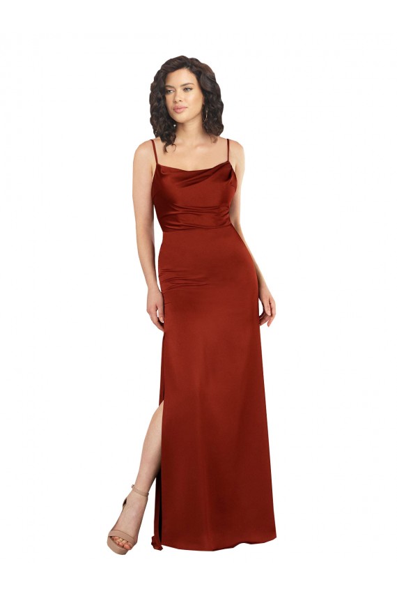 Online Rojo línea A Tirantes espagueti Cuadrado Satén sedoso Largo Formales Vestidos de dama de honor / Vestidos de fiesta