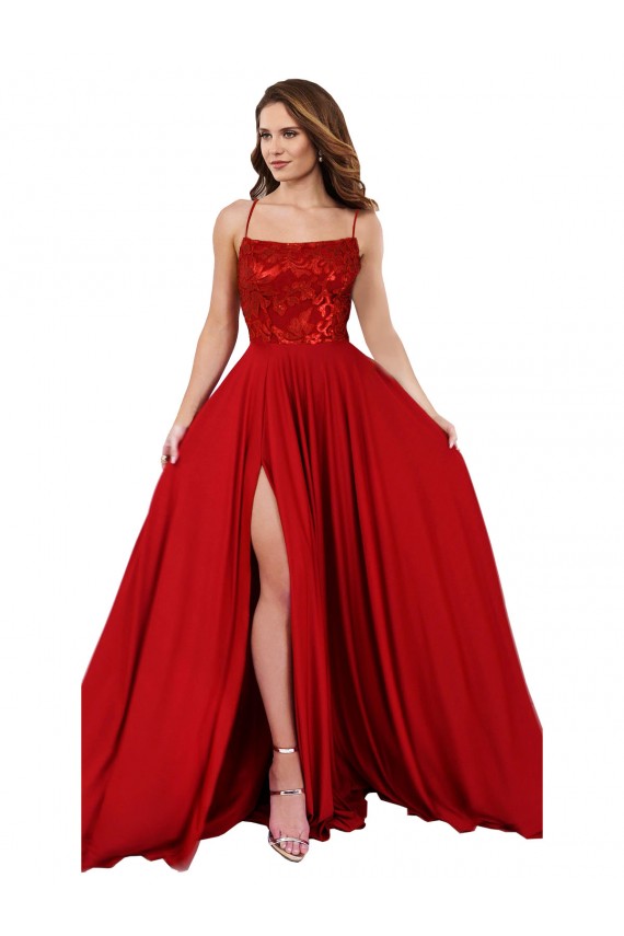 Online Rojo línea A Tirantes espagueti Cuadrado Spandex Encaje Largo Vestidos de dama de honor / Vestidos de fiesta