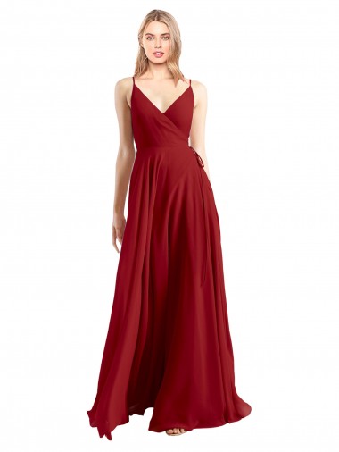 Online Rojo línea A Tirantes espagueti Cuello en V Gasa Largo Vestidos de dama de honor