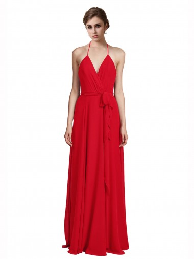 Online Rojo línea A Tirantes espagueti Halter Cuello en V Gasa Largo Vestidos de dama de honor