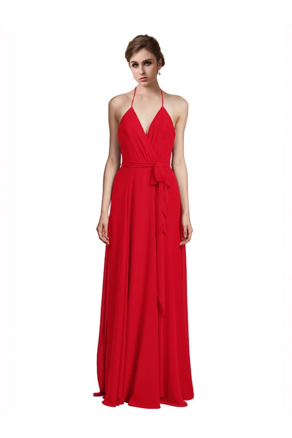 Online Rojo línea A Tirantes espagueti Halter Cuello en V Gasa Largo Vestidos de dama de honor