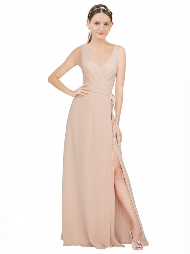 Online Rosa 114 línea A Cuello en V Gasa Largo Vestidos de dama de honor