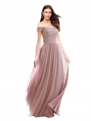 Online Rosa 147 línea A Hombros Descubiertos Gasa Encaje Largo Vestidos de dama de honor