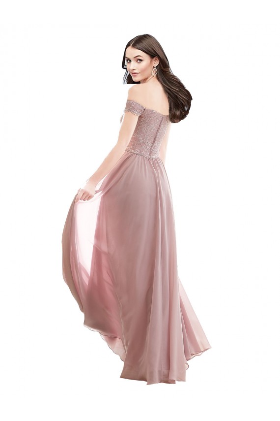 Online Rosa 147 línea A Hombros Descubiertos Gasa Encaje Largo Vestidos de dama de honor