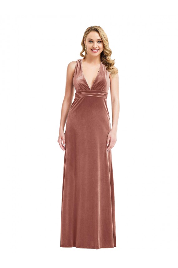 Online Rosa Canela línea A Cuello en V Terciopelo Elástico Largo Formales Vestidos de dama de honor / Vestidos de fiesta