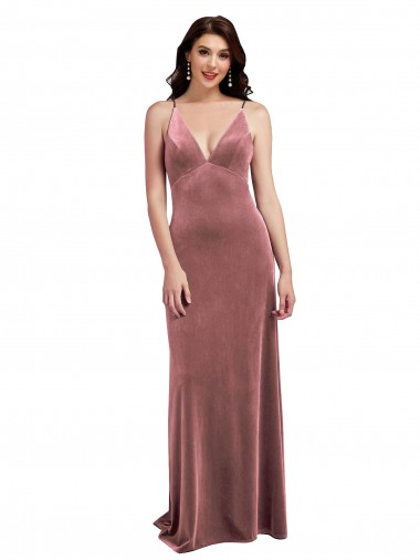 Online Rosa Canela línea A Cuello en V Terciopelo Elástico Largo Formales Vestidos de dama de honor / Vestidos de fiesta