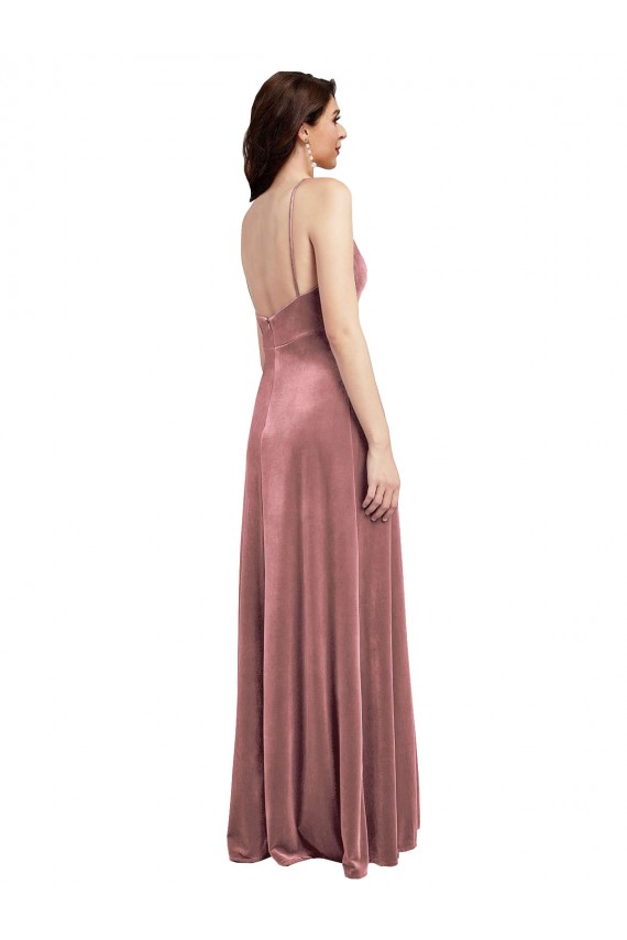 Online Rosa Canela línea A Cuello en V Terciopelo Elástico Largo Formales Vestidos de dama de honor / Vestidos de fiesta