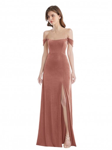 Online Rosa Canela línea A Hombros Descubiertos Terciopelo Elástico Largo Vestidos de dama de honor / Vestidos de fiesta