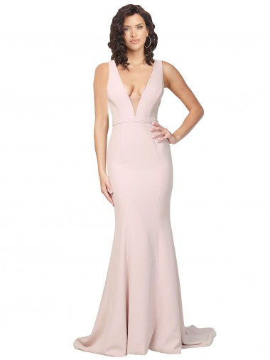 Online Rosa Cubierta Cuello en V Barrer tren Crepé Elástico Largo Formales Vestidos de dama de honor / Vestidos de fiesta