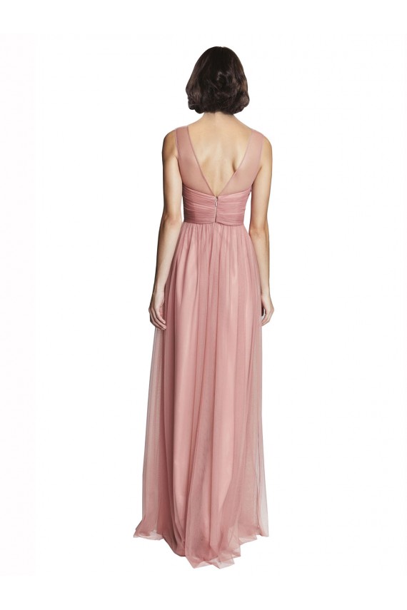 Online Rosa Rosa línea A Cuello en V Tul Largo Vestidos de dama de honor