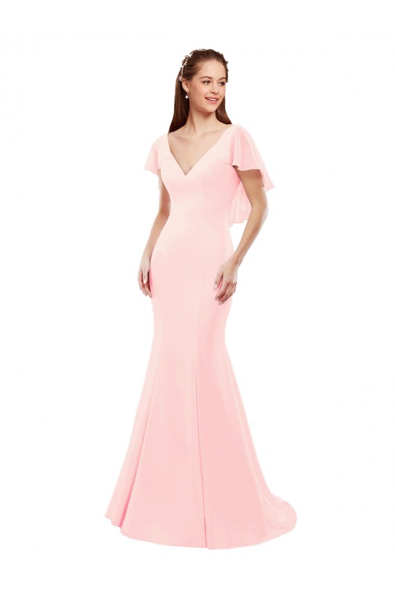 Online Rosa Sirena Cuello en V Gasa Largo Vestidos de dama de honor