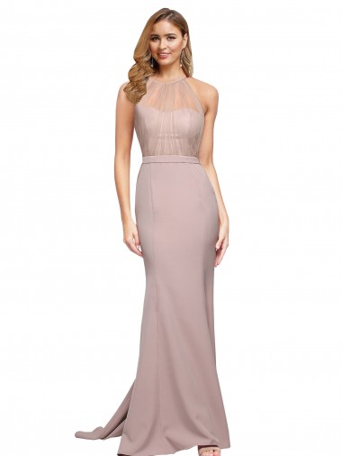 Online Rosa empolvado Cubierta Cuello Alto Barrer tren Crepé Elástico Largo Formales Vestidos de dama de honor / Vestidos de fiesta