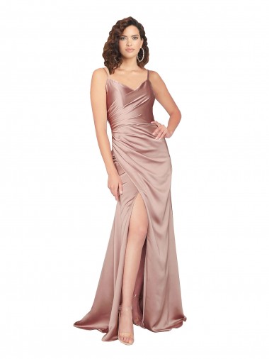 Online Rosa empolvado Cubierta Cuello en V Satén sedoso Largo Formales Vestidos de dama de honor / Vestidos de fiesta