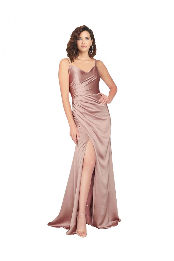 Online Rosa empolvado Cubierta Cuello en V Satén sedoso Largo Formales Vestidos de dama de honor / Vestidos de fiesta