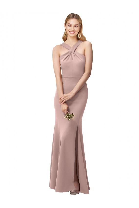 Online Rosa empolvado Cubierta Halter Cuello Alto Crepé Elástico Largo Vestidos de dama de honor / Vestidos de fiesta