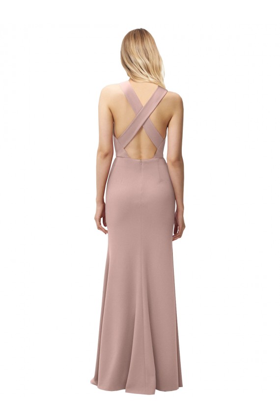 Online Rosa empolvado Cubierta Halter Cuello Alto Crepé Elástico Largo Vestidos de dama de honor / Vestidos de fiesta