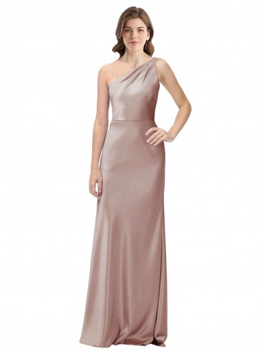 Online Rosa empolvado Cubierta Un Hombre Satén elástico Largo Formales Vestidos de dama de honor / Vestidos de fiesta