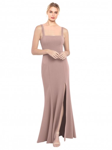 Online Rosa empolvado Sirena Cuadrado Cuello Alto Crepé Elástico Largo Vestidos de dama de honor / Vestidos de fiesta