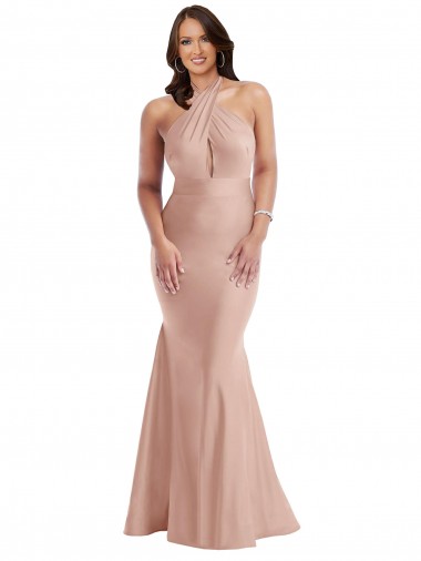 Online Rosa empolvado Sirena Halter Satén sedoso Largo Formales Vestidos de dama de honor / Vestidos de fiesta