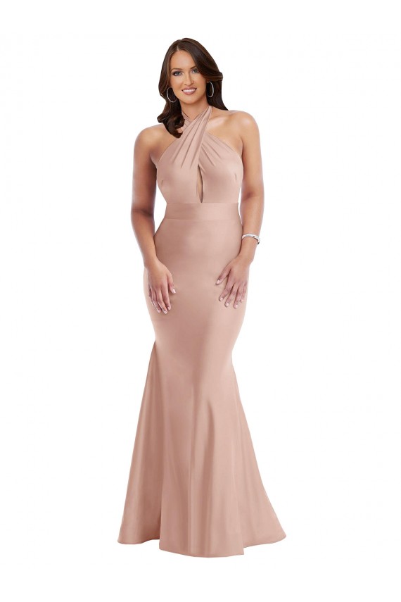 Online Rosa empolvado Sirena Halter Satén sedoso Largo Formales Vestidos de dama de honor / Vestidos de fiesta