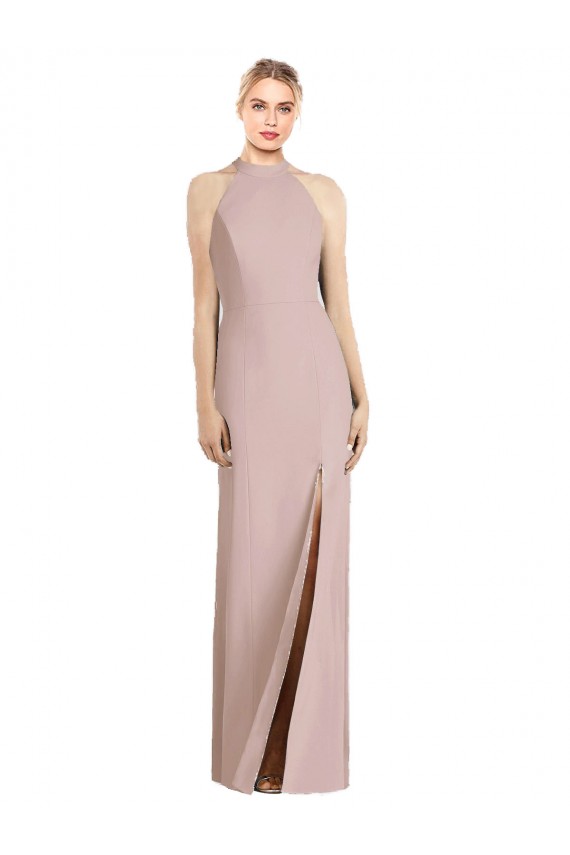 Online Rosa empolvado Trompeta Halter Crepé Elástico Largo Vestidos de dama de honor