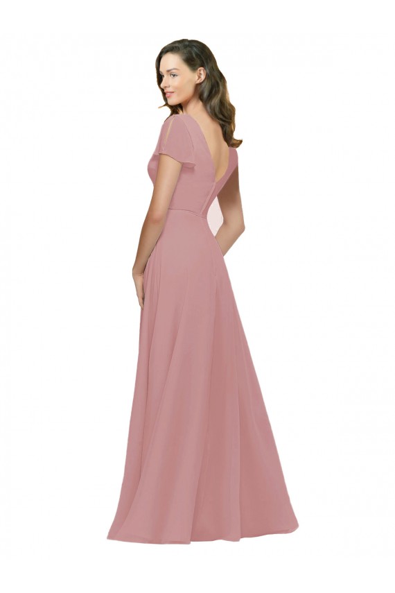 Online Rosa empolvado línea A Cuello en V Gasa Largo Vestidos de dama de honor