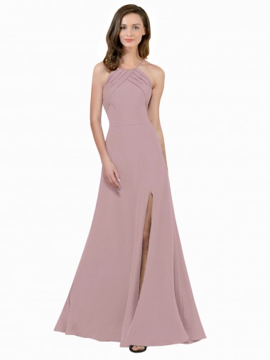 Online Rosa empolvado línea A Cuello joya Cuello Alto Crepé Elástico Largo Vestidos de dama de honor / Vestidos de fiesta