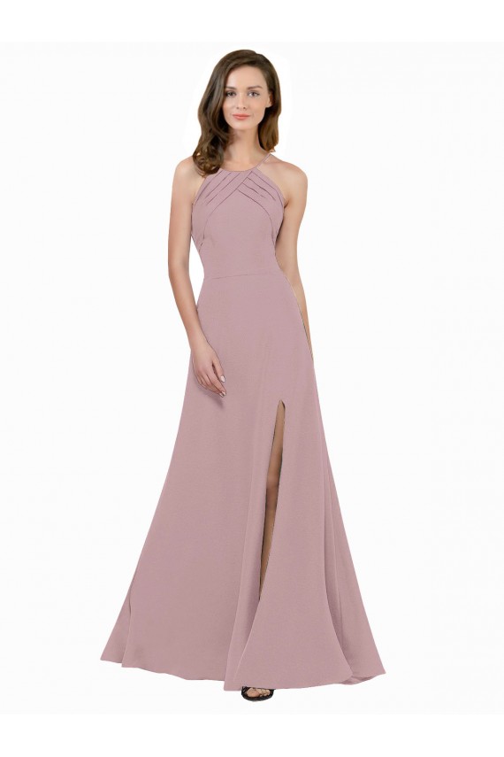 Online Rosa empolvado línea A Cuello joya Cuello Alto Crepé Elástico Largo Vestidos de dama de honor / Vestidos de fiesta