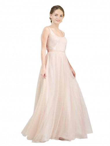 Online Rosa línea A Cucharón Tul Largo Vestidos de dama de honor
