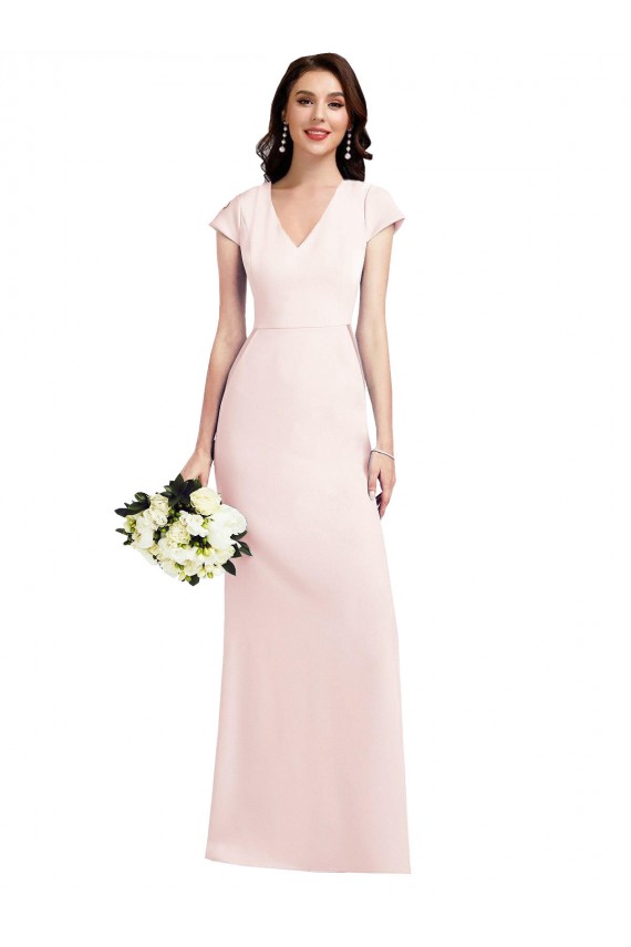 Online Rosa línea A Cuello en V Crepé Elástico Largo Formales Vestidos de dama de honor / Vestidos de fiesta