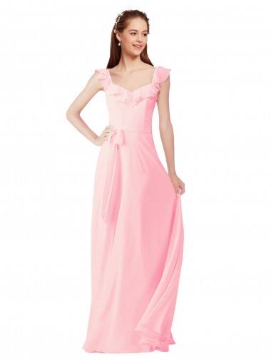 Online Rosa línea A Cuello en V Gasa Largo Vestidos de dama de honor