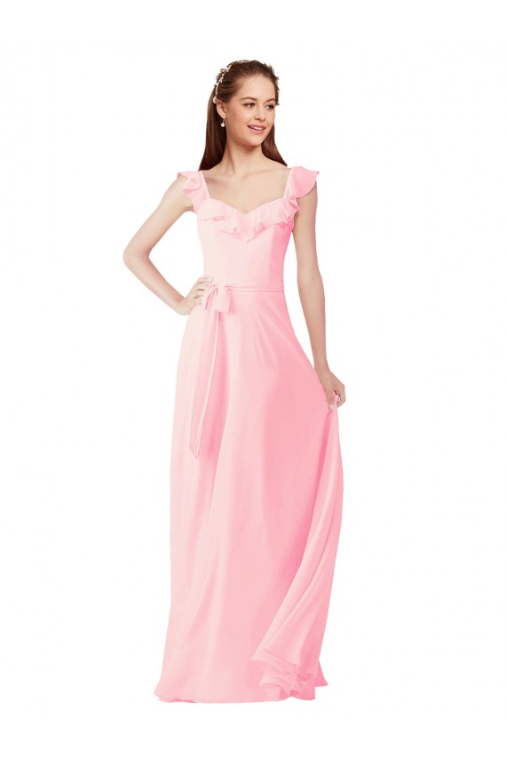 Online Rosa línea A Cuello en V Gasa Largo Vestidos de dama de honor