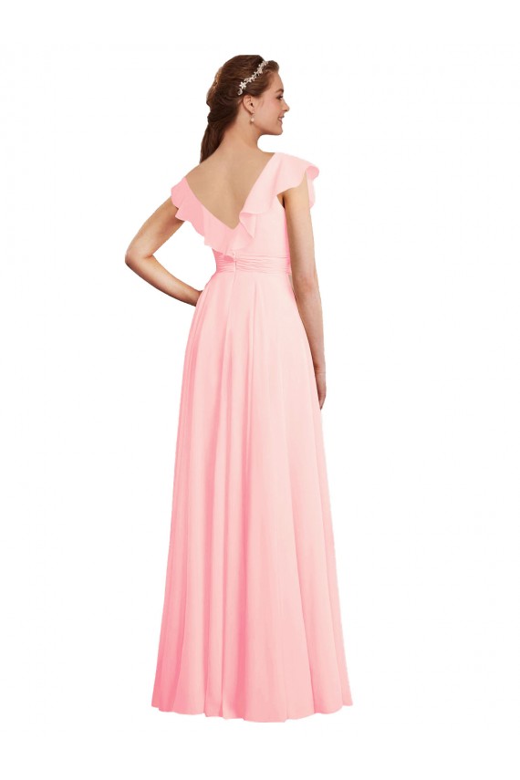 Online Rosa línea A Cuello en V Gasa Largo Vestidos de dama de honor