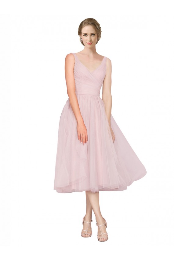 Online Rosa línea A Cuello en V Tul Corto Vestidos de dama de honor / Vestidos de cóctel / Vestidos para homecoming