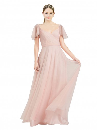 Online Rosa línea A Cuello en V Tul Largo Vestidos de dama de honor