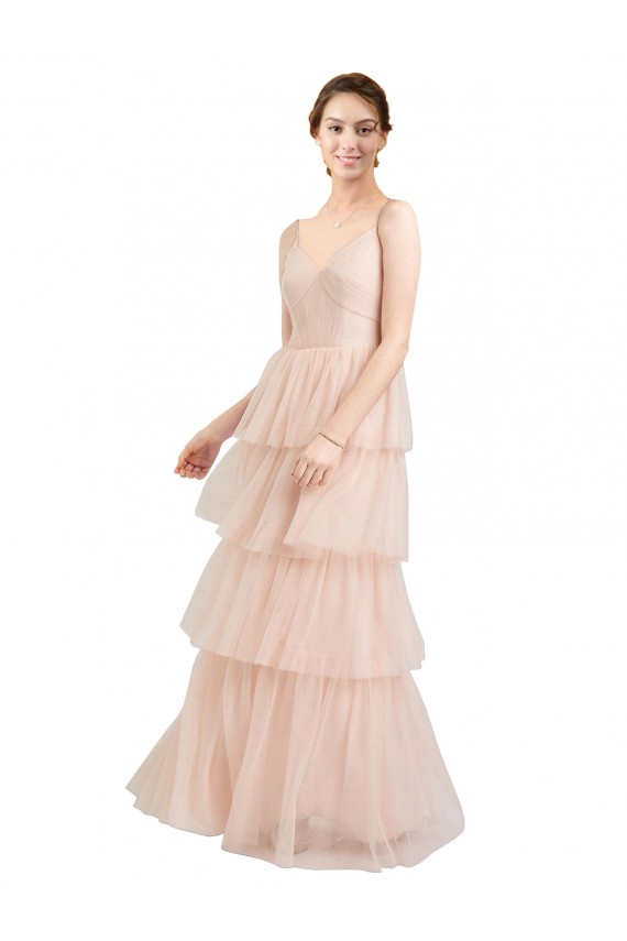 Online Rosa línea A Cuello en V Tul Largo Vestidos de dama de honor