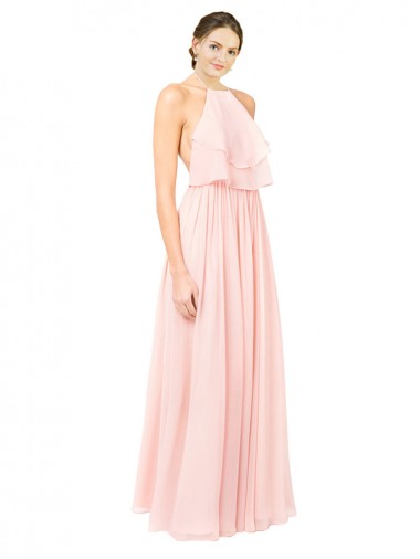 Online Rosa línea A Halter Gasa Largo Vestidos de dama de honor