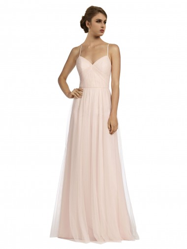 Online Rosa línea A Tirantes espagueti Tul Largo Vestidos de dama de honor