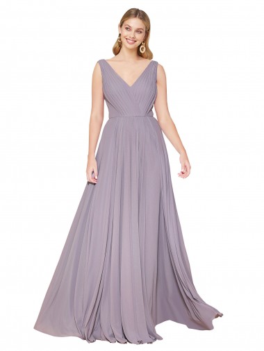 Online Rosa polvorienta línea A Cuello en V Cuello Alto Gasa Largo Formales Vestidos de dama de honor / Vestidos de fiesta