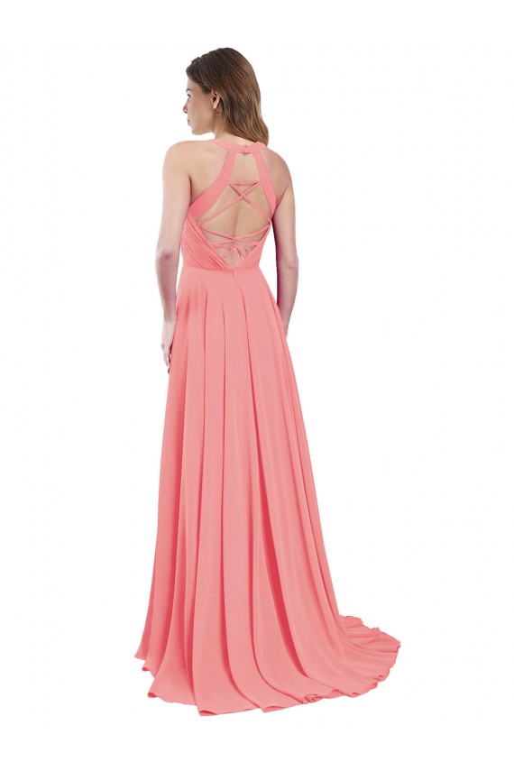 Online Sandía línea A Halter Gasa Largo Vestidos de dama de honor